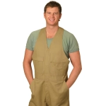 Men's cotton drill overall in beige, featuring a sleeveless design and front pockets. Includes a branding logo.