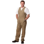 Men's DURA WEAR action back overalls in khaki, featuring multiple pockets and a logo, worn by a man.