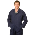 A navy blue cotton drill coverall with two front pockets and a collar, featuring a logo on the chest area.