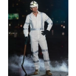 A white coverall with reflective strips, worn with gloves and a helmet, featuring a shovel in a smoky environment.