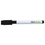 A whiteboard marker with a black chisel tip and a white barrel featuring a logo.