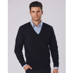 A black V-neck wool and acrylic knit jumper worn over a blue collared shirt, featuring a branding logo.