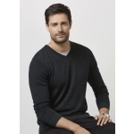 A black Merino pullover sweater is displayed being worn by a man, featuring a V-neck and long sleeves.