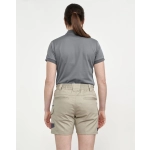A pair of unisex cotton stretch drill work shorts in khaki, featured with a back view of a person wearing them.