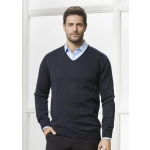 A navy blue pullover sweater with a V-neck, worn over a light blue shirt. The model stands against a bright background.