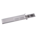 A transparent watch box featuring a black strap watch, with a sleek, minimal design. It includes a brand logo.