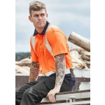 An orange short sleeve polo shirt with shoulder tape detail, worn by a tattooed man sitting outdoors.