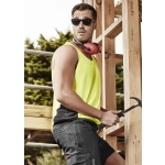 A man wearing a bright yellow hi-vis singlet and sunglasses, holding a hammer, with a construction backdrop.