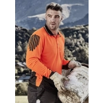 An orange and black long sleeve polo shirt featuring a logo, worn by a man carrying a bucket outdoors.