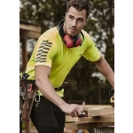 Men's short sleeve polo shirt in bright yellow with reflective stripes, featuring a logo and worn by a man at a worksite.