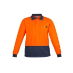 Hi-vis long sleeve polo shirt in bright orange with a navy blue bottom portion and a pocket. Features a logo.