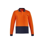 A long sleeve polo shirt in orange with a navy bottom and contrast detailing, featuring a pocket and a logo.