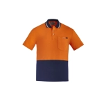 Men's high visibility short sleeve polo in orange and navy, featuring a pocket and a logo on the chest.
