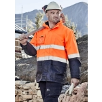 Men's hi-vis waterproof jacket in bright orange with reflective stripes, paired with a hard hat and work gloves.