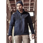 A navy unisex waterproof jacket with a zip front, featuring a logo and a fitted design.