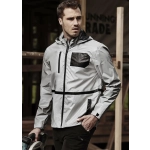 A reflective silver waterproof jacket with a black pocket and branding, featuring a hood and zippered front.