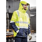 A waterproof jacket in high visibility yellow and navy, featuring reflective strips and a hood. It has a logo.