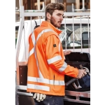 A bright orange unisex hi-vis softshell jacket with reflective stripes, displayed on a male model.