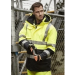 A man's high-visibility waterproof jacket in yellow and black with reflective strips, worn with gloves.