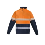 Men's hi-vis pullover featuring an orange upper and navy lower with hoop-taped reflective stripes and a zip.