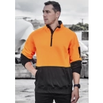 A unisex pullover in bright orange and black, featuring a half zip and a pocket, with a logo on the sleeve.