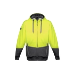 A bright yellow and grey unisex hi-vis textured jacquard full zip hoodie with a logo on the sleeve.