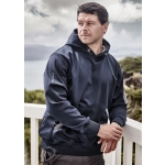 A navy unisex water-resistant hoodie with a front pocket and drawstring hood is displayed outdoors. It features a logo.