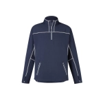 A dark navy mid-layer jacket with a half-zipper and contrasting white stitching, featuring two front pockets and a logo.