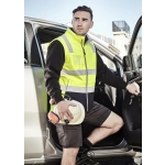 A unisex high visibility softshell vest in bright yellow with black accents, featuring reflective stripes.