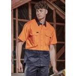 A short sleeve work shirt in bright orange and navy blue, featuring two chest pockets and a logo.