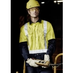 A men&rsquo;s long sleeve work shirt featuring yellow and navy colours, with shoulder tape and a logo.