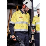 Hi-vis open front spliced work shirt in yellow and navy, featuring hoop taping and a logo.