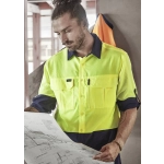 A men's hi-vis long sleeve shirt in bright yellow and navy, featuring a logo and pockets.
