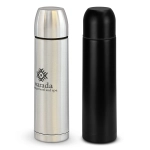 A drink bottle set featuring a silver stainless steel flask and a black flask, each with a logo.