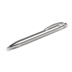 A sleek steel pen with a smooth finish, featuring a click mechanism and a textured grip for comfort.