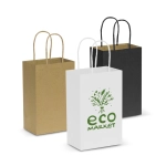 Three small paper carry bags in brown, white, and black, each with handles and featuring a logo on the white bag.