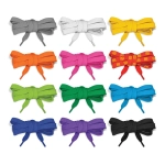 A collection of shoelaces in various colours, including grey, white, yellow, pink, green, and black, all tied in bows.