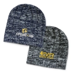 A heather knit beanie set featuring navy and grey colours, each with a distinct logo embroidered.