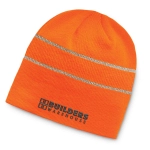 A bright orange beanie with reflective stripes and a logo. Ideal for visibility in various settings.
