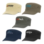 A collection of military style caps in beige, olive green, navy blue, and black with various logos.