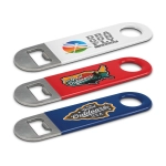 A drink bottle opener set featuring red, blue, and white designs with various logos and metallic bottle opening ends.