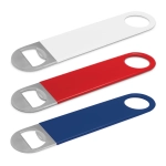 A drink bottle opener set featuring three sizes: white, red, and dark blue with a metal opener and a logo.