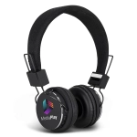 Black Opus Bluetooth headphones with a padded headband and ear cups; features a logo on one ear cup.