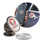 A metallic Enzo Magnetic Phone Holder in silver, with a circular base and a branded top, beside a smartphone.