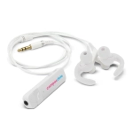 A white Bluetooth receiver with ear buds and an audio jack, featuring a small branding logo.