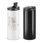 A drink bottle featuring a white and black design, with a flip-top lid and a branding logo on the white side.