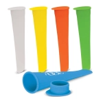 A set of colourful ice block moulds in white, yellow, orange, green, and blue, with a logo on one mould.
