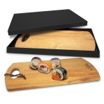 A wooden serving board in a black box, featuring a unique shape and sushi displayed on top.
