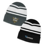 A grey and black striped beanie featuring a logo, with contrasting white stripes. Two styles are displayed.
