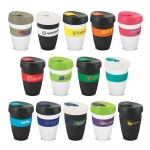 A collection of double wall drink cups in various colours, featuring different logos and designs.